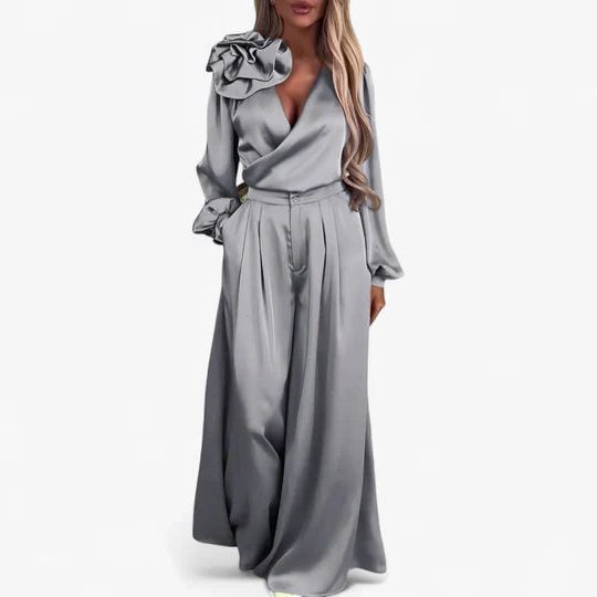 V-Neck Wide Leg Two-Piece Set for Women - Grey