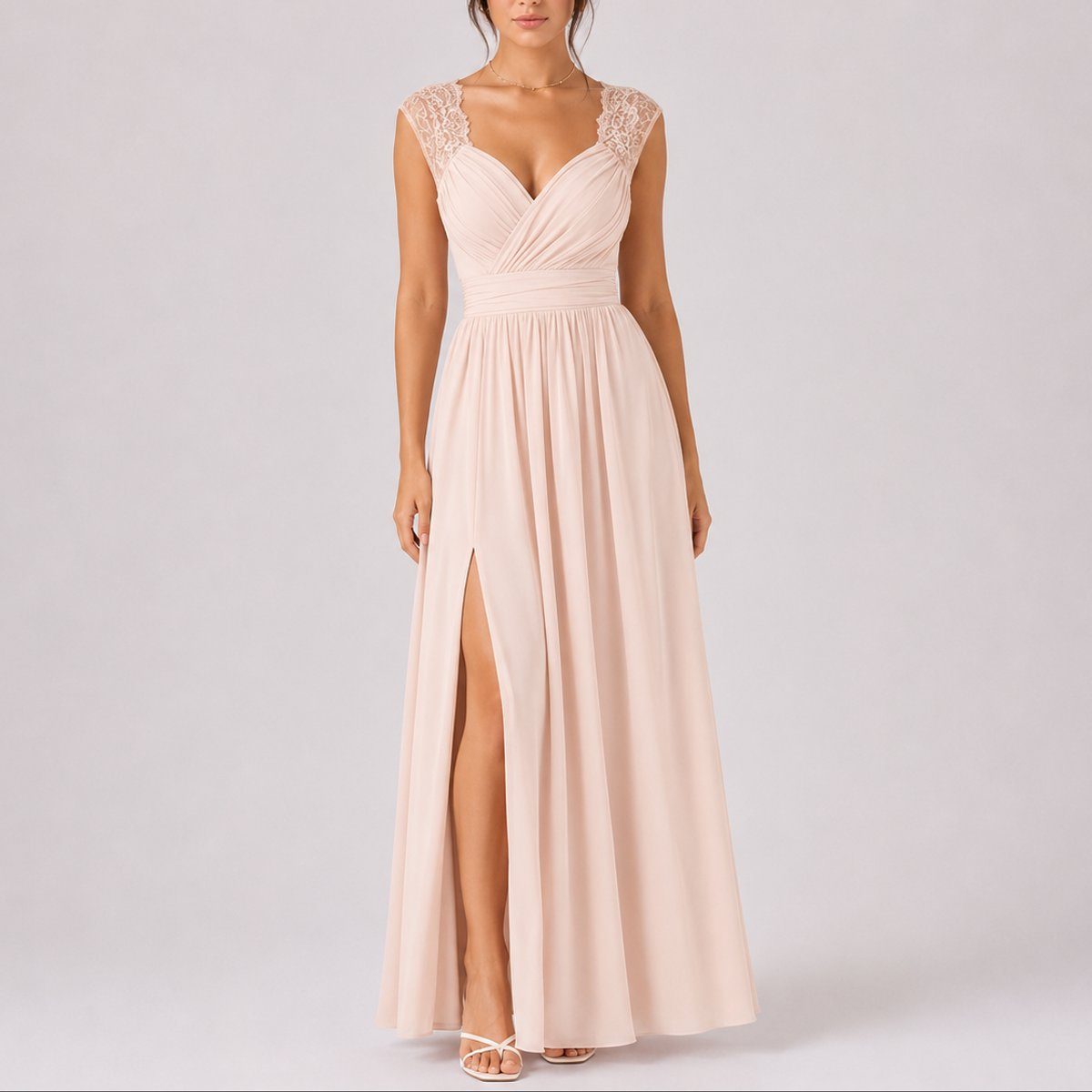 V-Neck Wrap Maxi Fall Wedding Guest Dress with Slit for Women - Beige