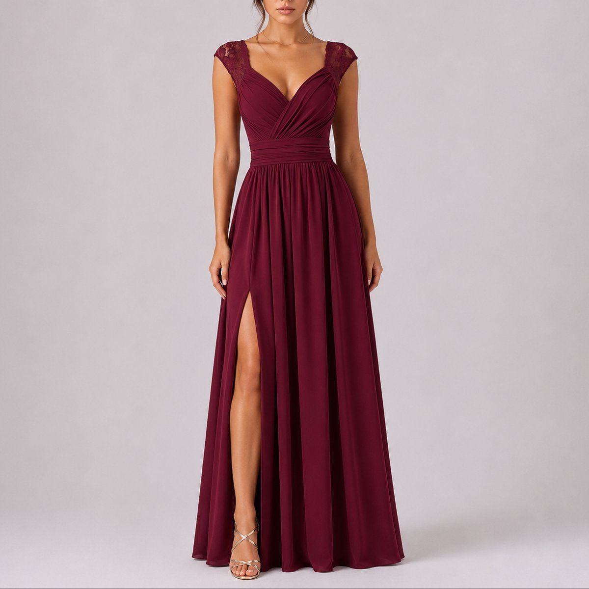 V-Neck Wrap Maxi Fall Wedding Guest Dress with Slit for Women - Red Carpet