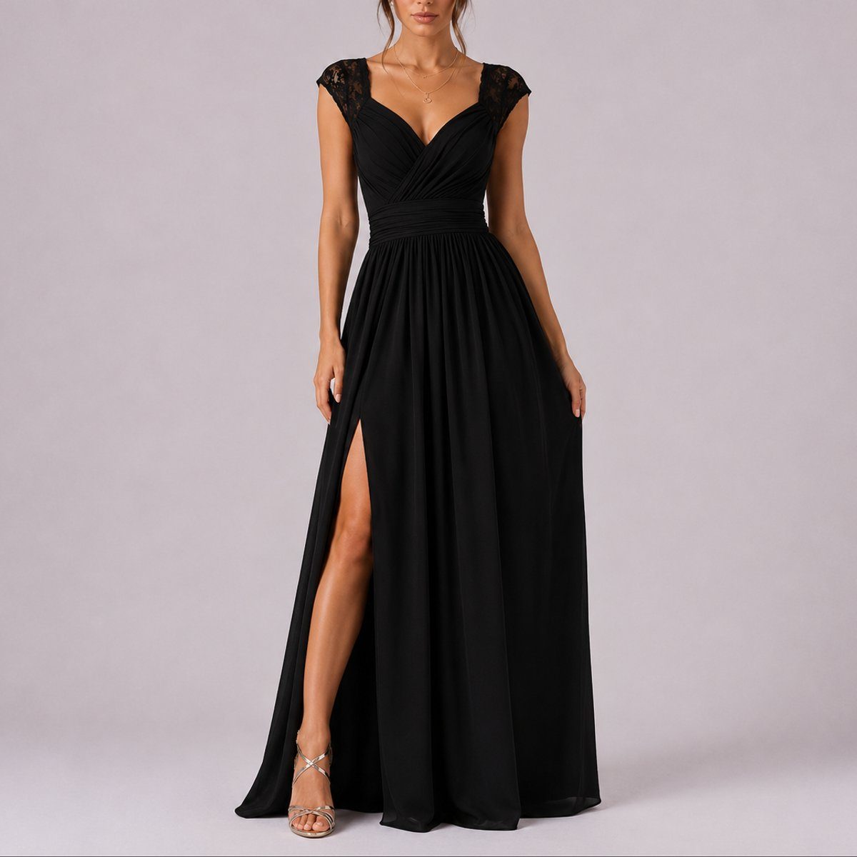 V-Neck Wrap Maxi Fall Wedding Guest Dress with Slit for Women - Schwarz