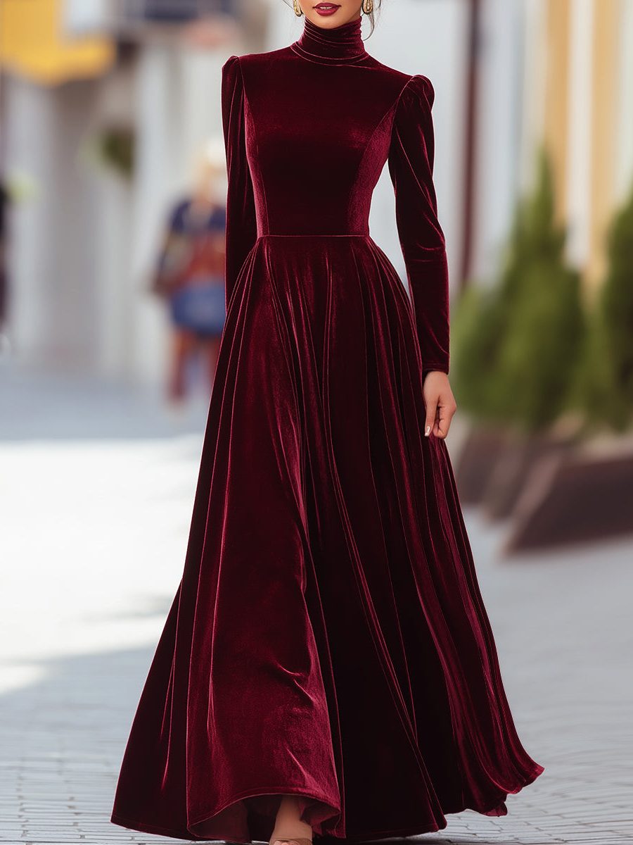 Velvet High Neck Long Sleeve A-Line Maxi Dress for Women