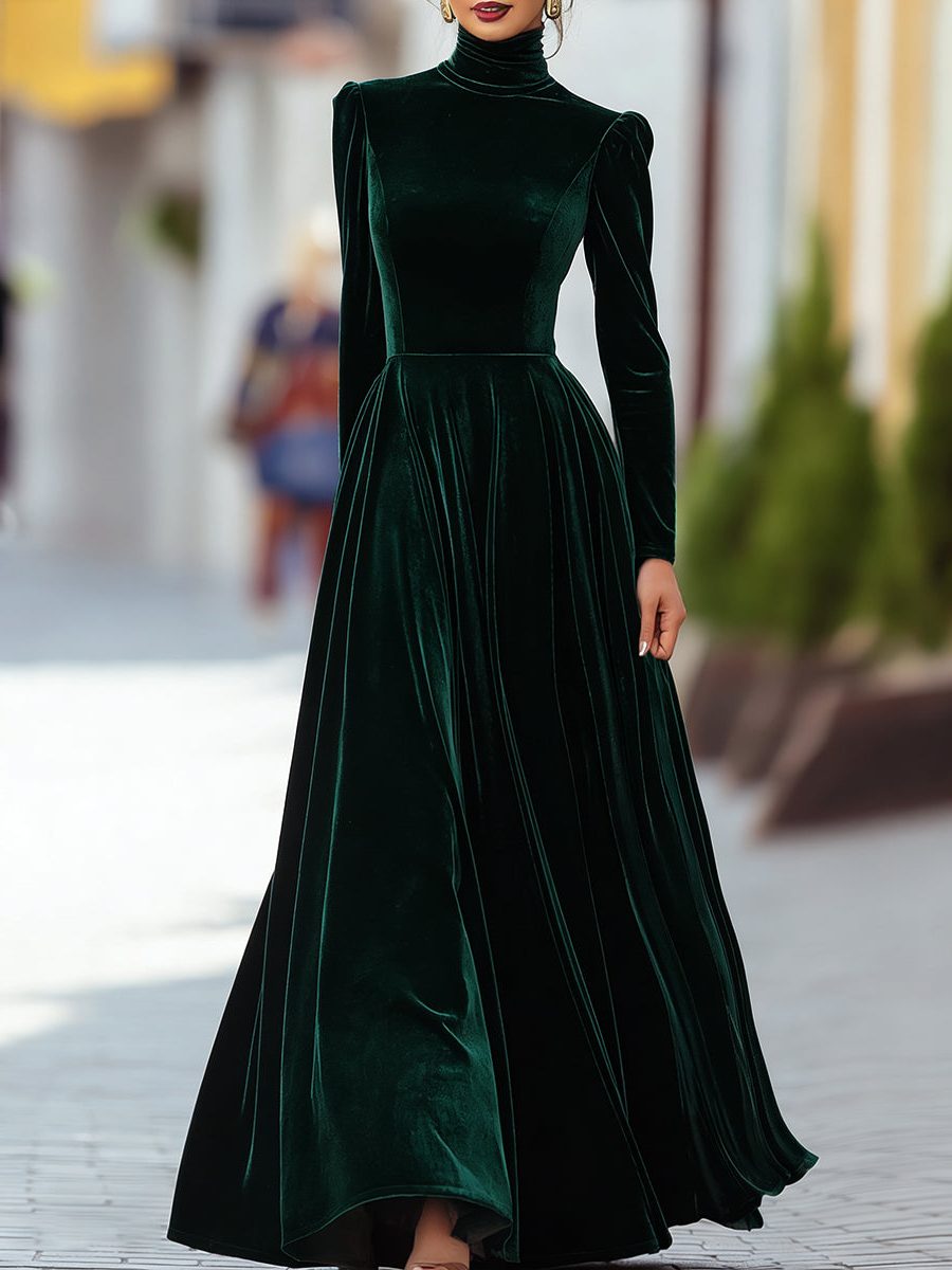 Velvet High Neck Long Sleeve A-Line Maxi Dress for Women - Emerald Green