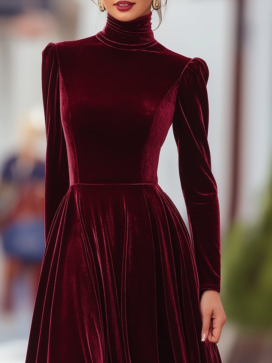 Velvet High Neck Long Sleeve A-Line Maxi Dress for Women - View 2