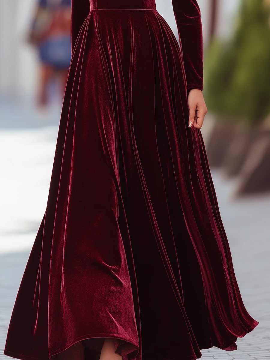 Velvet High Neck Long Sleeve A-Line Maxi Dress for Women - View 3