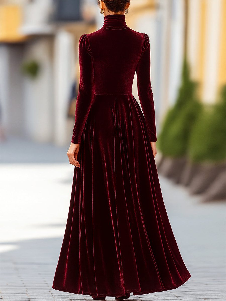 Velvet High Neck Long Sleeve A-Line Maxi Dress for Women - View 4