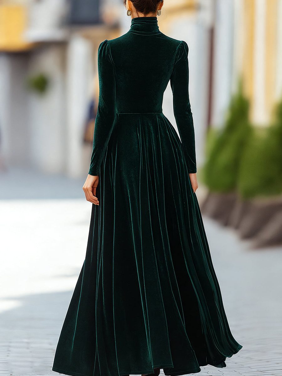 Velvet High Neck Long Sleeve A-Line Maxi Dress for Women - View 6