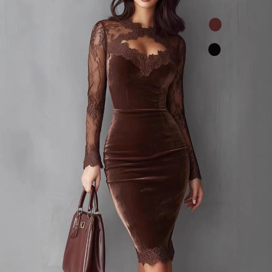 Velvet Midi Dress with Lace Inserts for Women