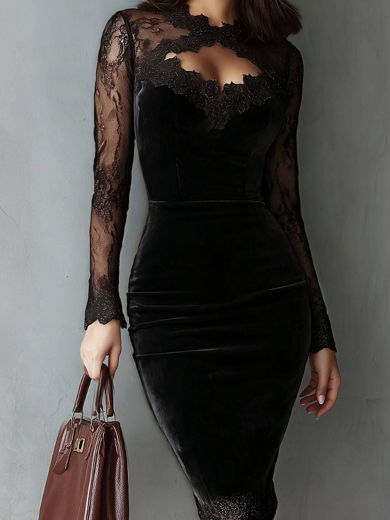 Velvet Midi Dress with Lace Inserts for Women - Black