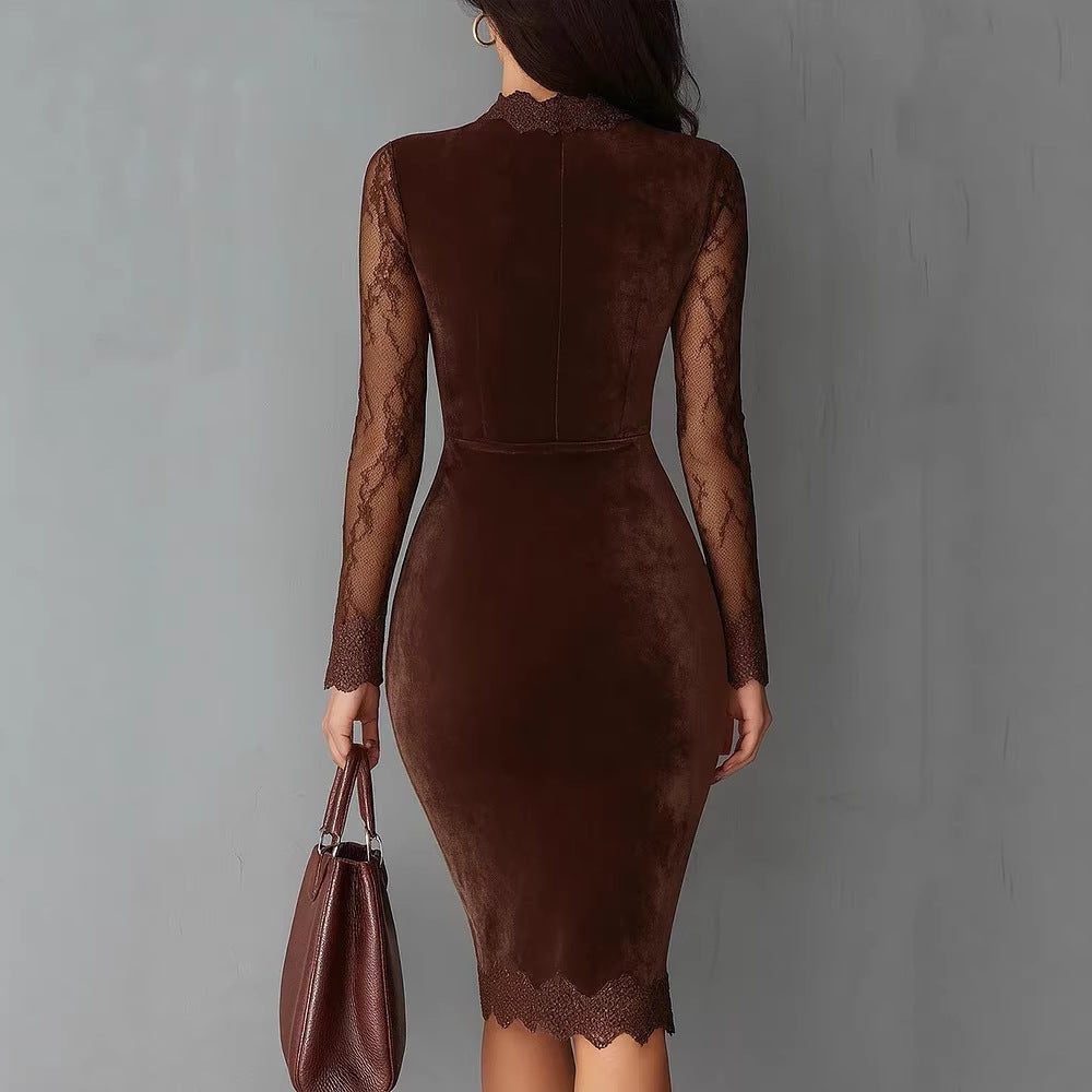 Velvet Midi Dress with Lace Inserts for Women - View 2