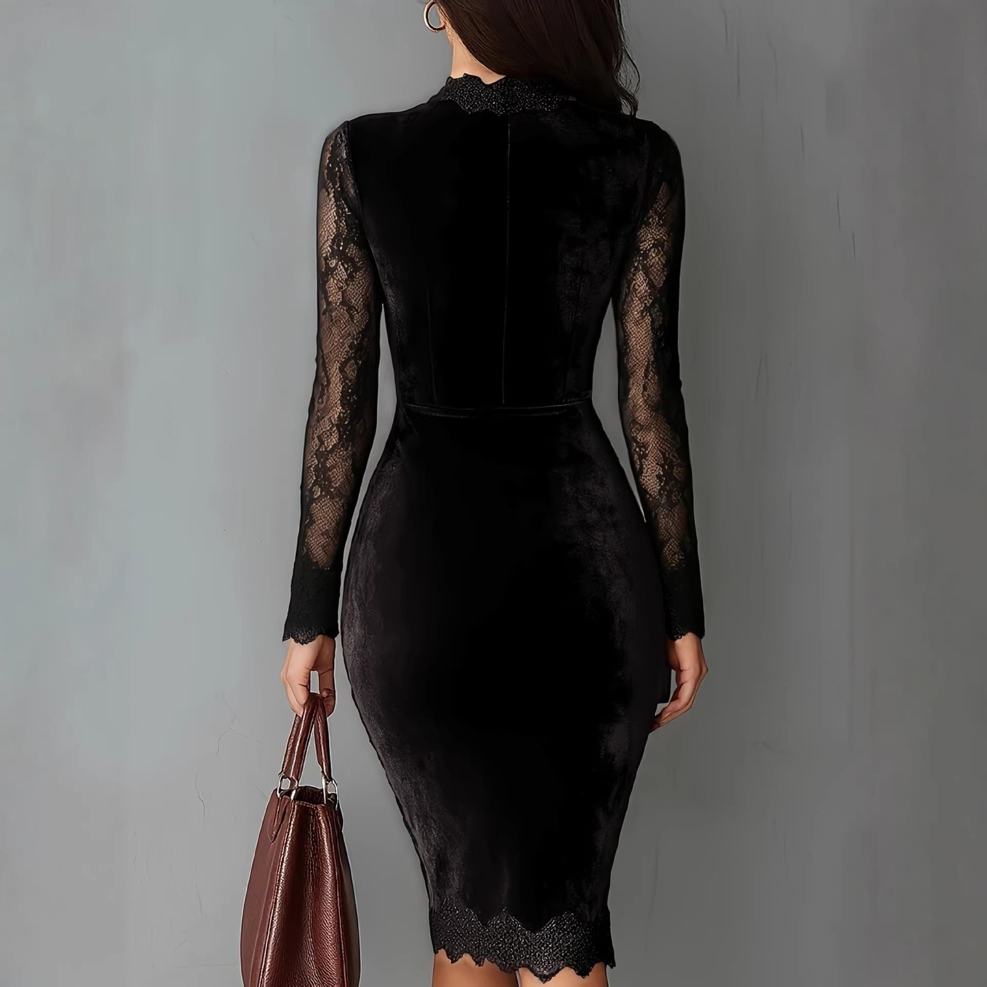 Velvet Midi Dress with Lace Inserts for Women - View 3