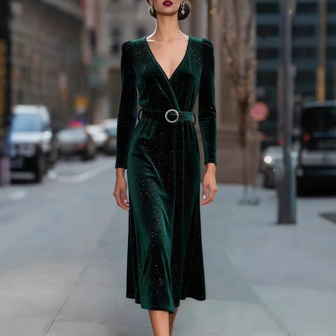 Velvet Midi Wrap Dress with V-Neck and Belt for Women