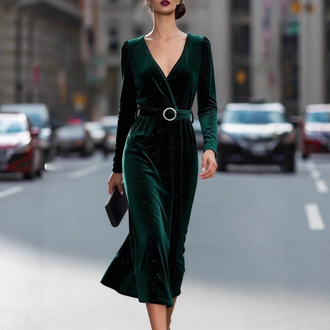 Velvet Midi Wrap Dress with V-Neck and Belt for Women - View 2