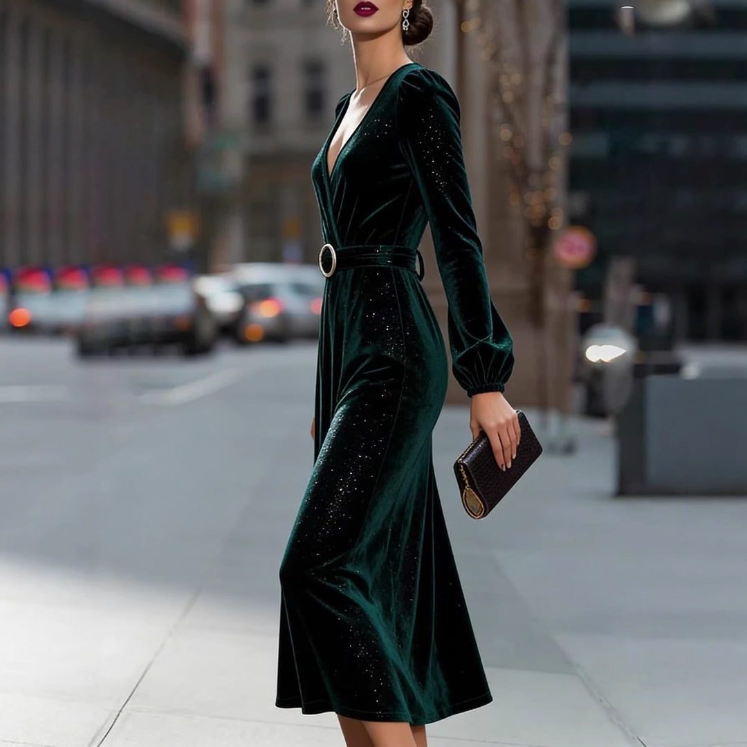Velvet Midi Wrap Dress with V-Neck and Belt for Women - View 3