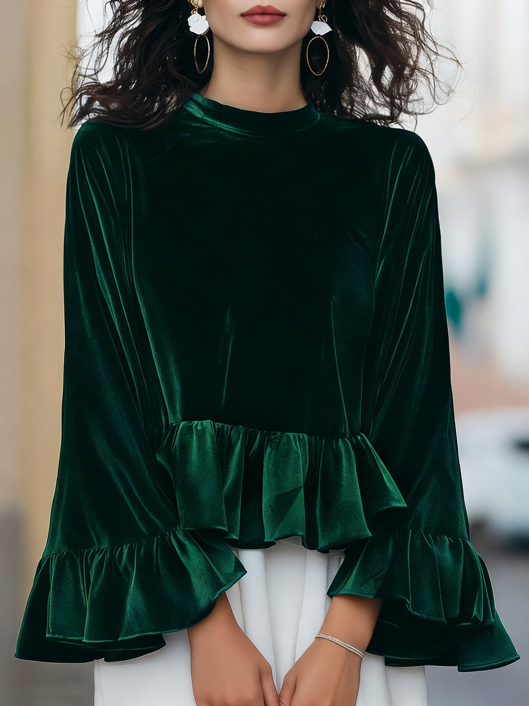 Velvet Ruffle-Trim Long Sleeve Blouse for Women - Emerald Green