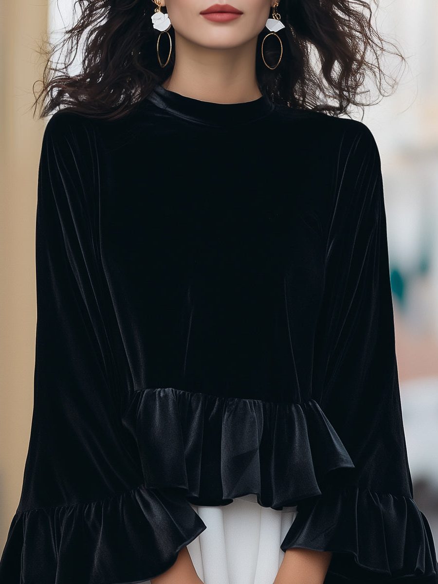 Velvet Ruffle-Trim Long Sleeve Blouse for Women - View 3