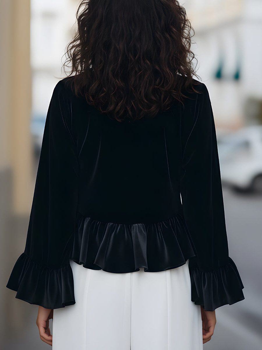 Velvet Ruffle-Trim Long Sleeve Blouse for Women - View 5