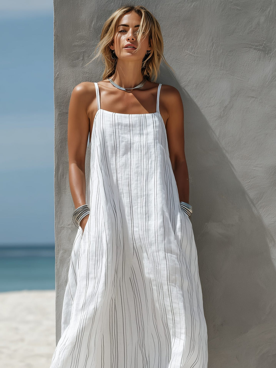 Vertical Striped Sleeveless Maxi Dress for Women