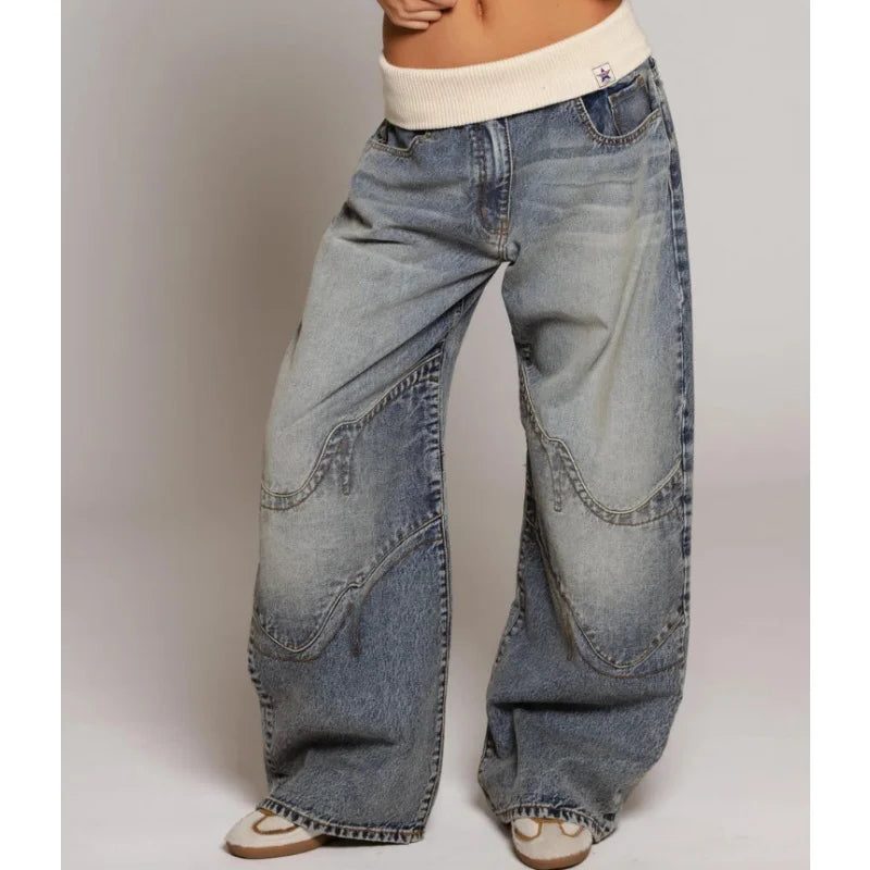 Wide Leg Baggy Jeans with Ribbed Waistband for Women