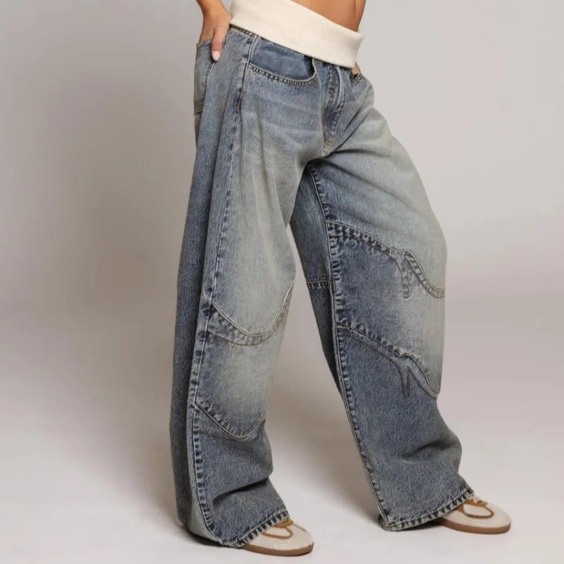Wide Leg Baggy Jeans with Ribbed Waistband for Women - View 2