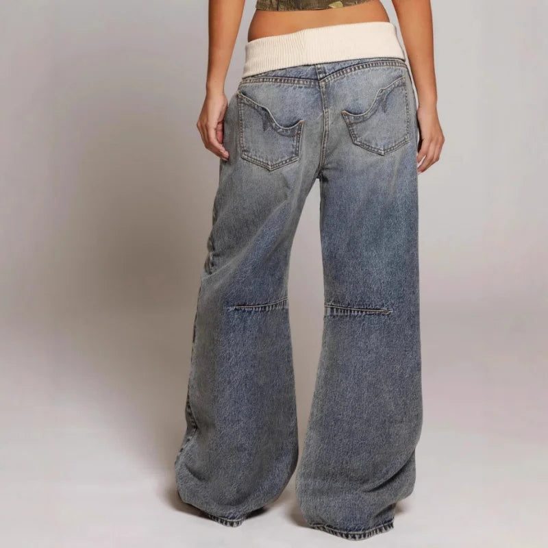 Wide Leg Baggy Jeans with Ribbed Waistband for Women - View 3