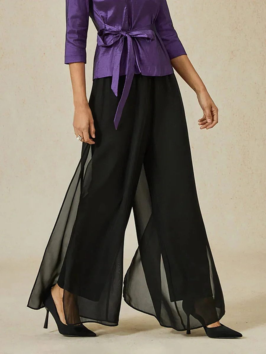 Wide Leg Chiffon Overlay Trousers for Women - Black