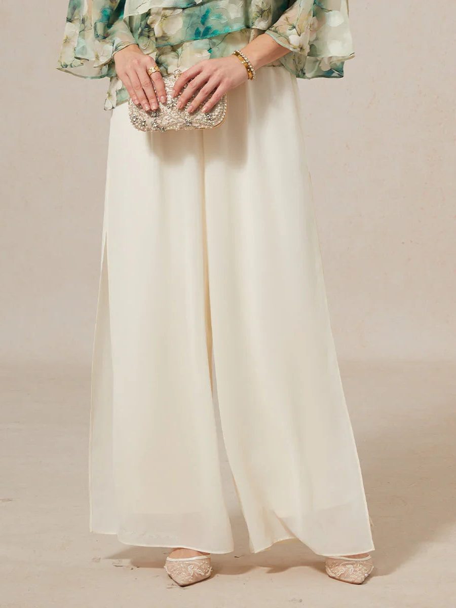 Wide Leg Chiffon Overlay Trousers for Women - Ivory