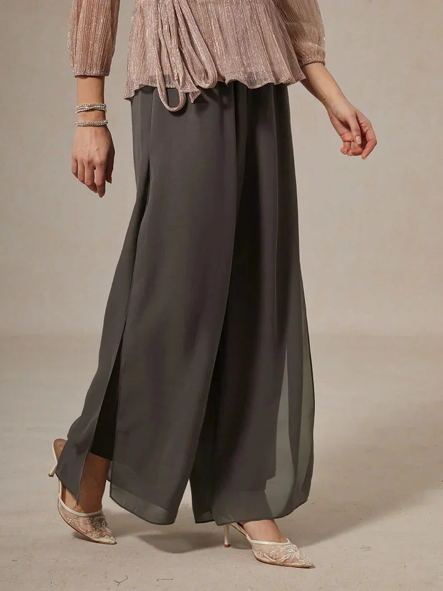 Wide Leg Chiffon Overlay Trousers for Women - Grey