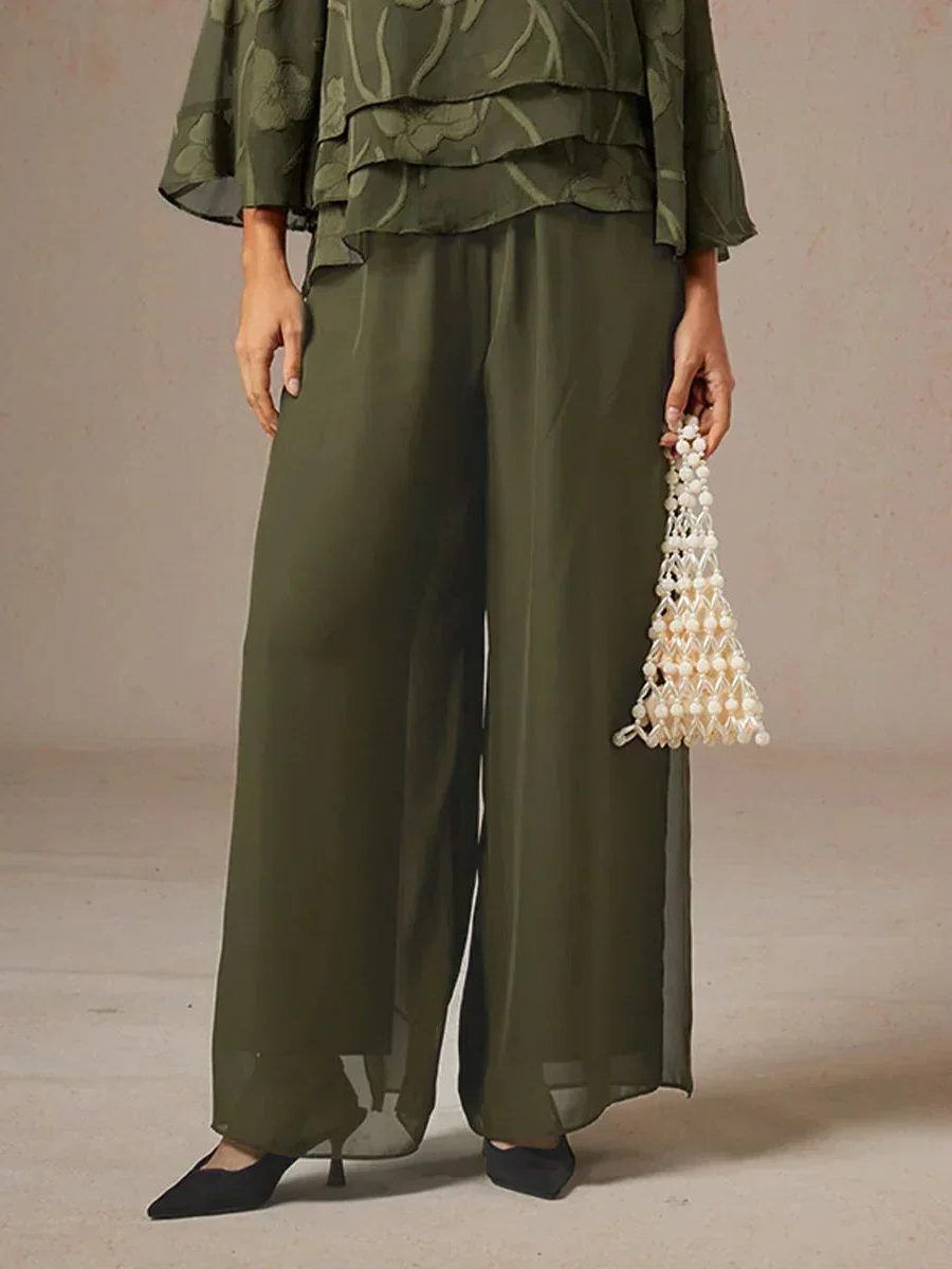 Wide Leg Chiffon Overlay Trousers for Women - Olive