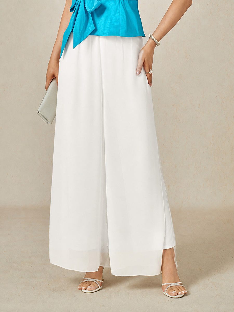Wide Leg Chiffon Overlay Trousers for Women - White