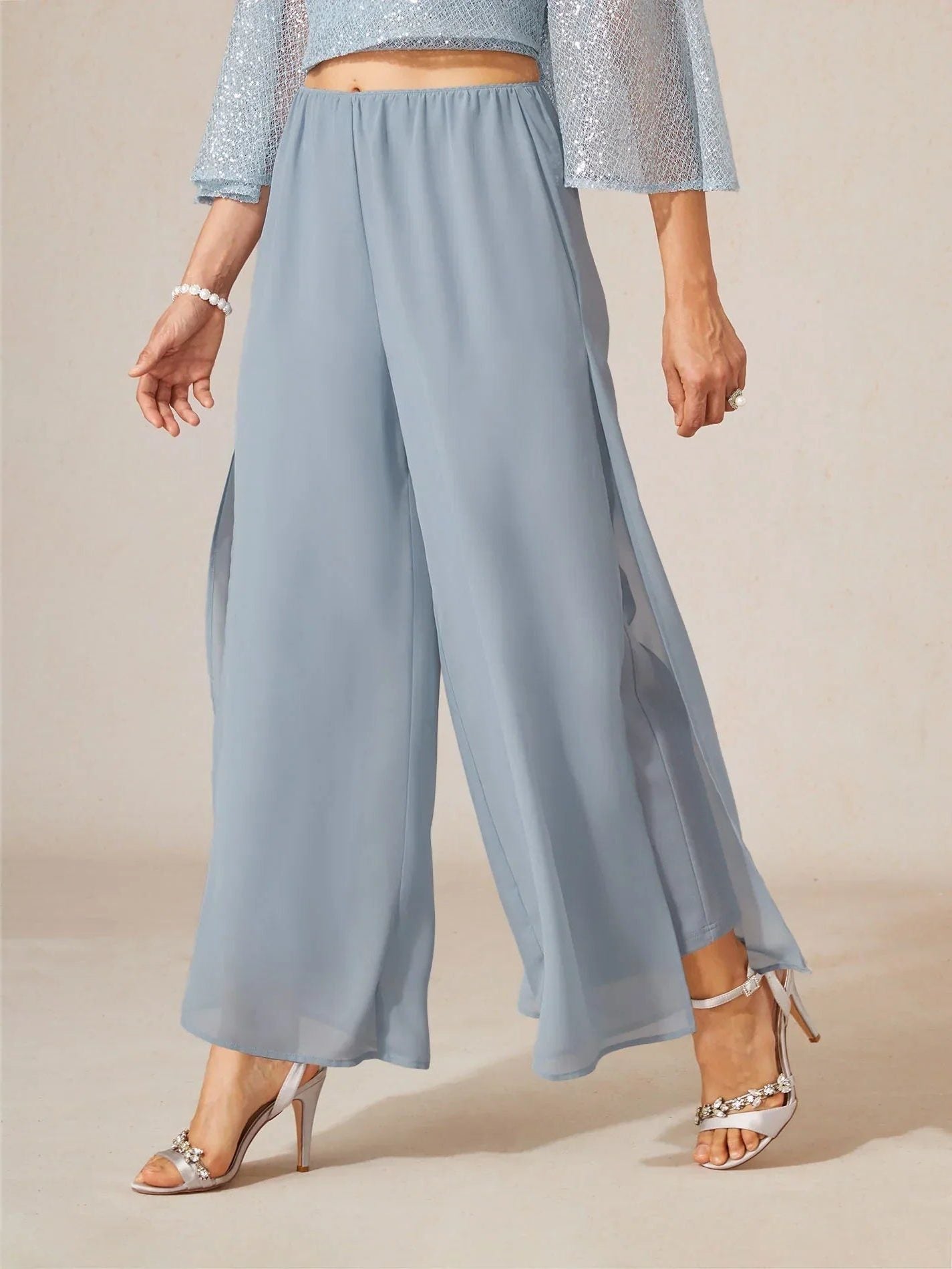 Wide Leg Chiffon Overlay Trousers for Women - Sky grey