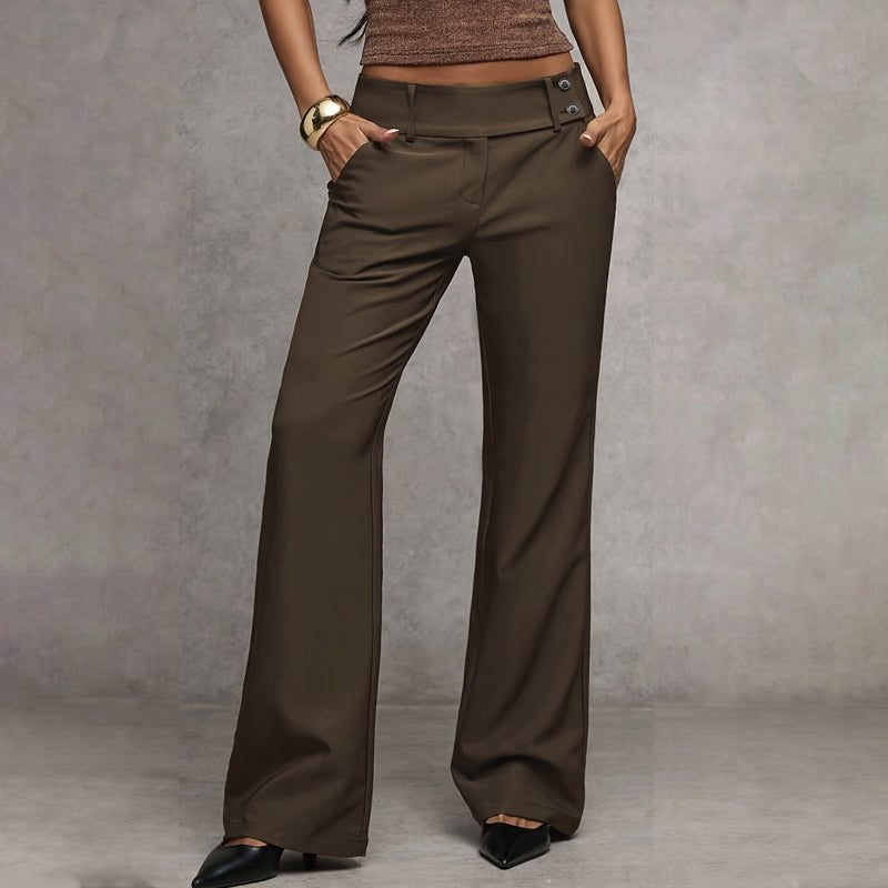 Wide-Leg High Waist Flared Trousers for Women - Coffee