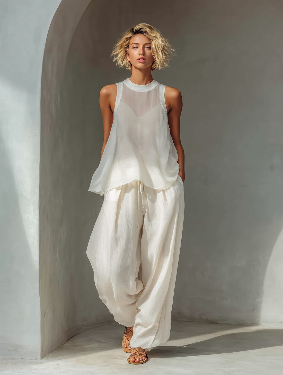 Wide Leg Linen Drawstring Trousers Set for Women