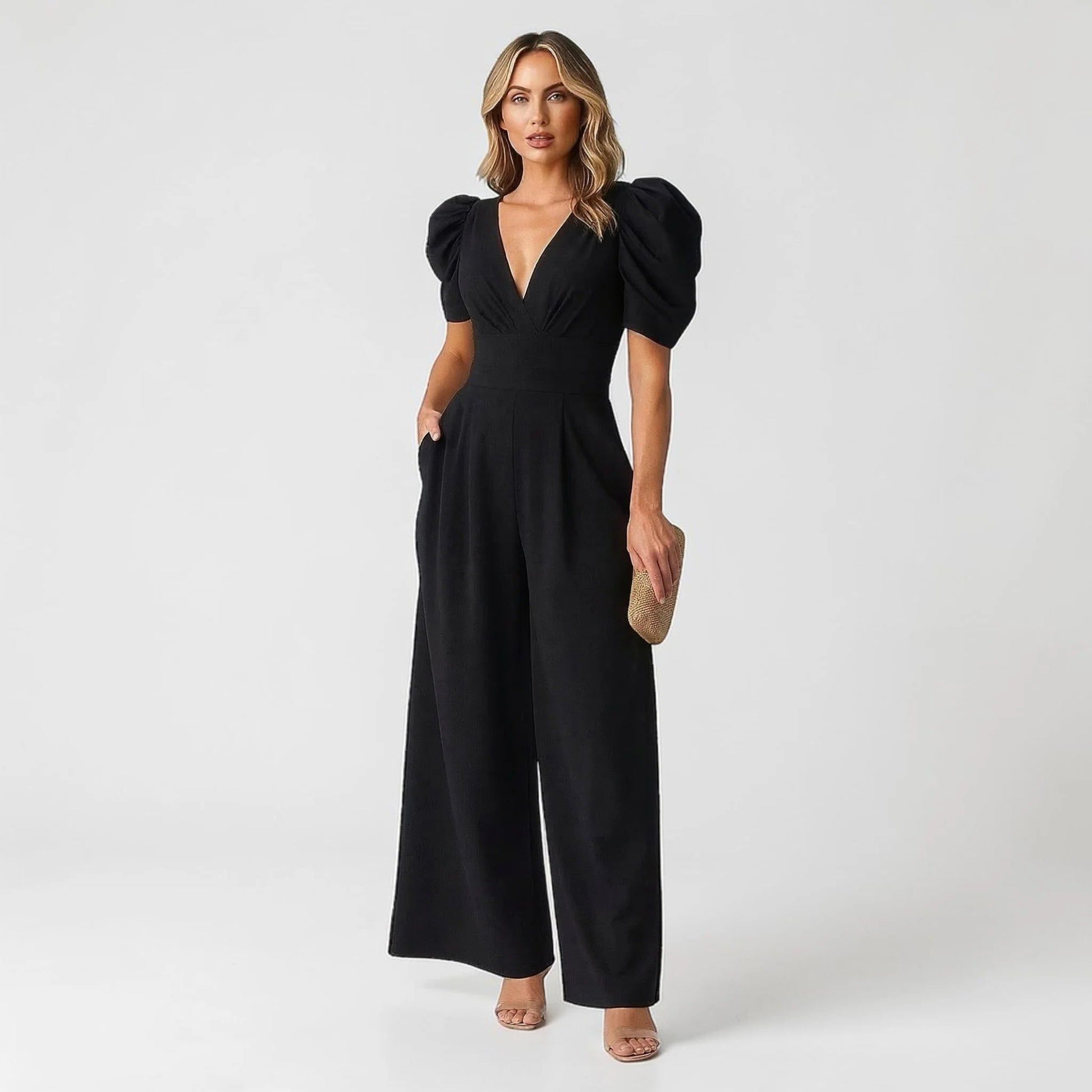 Wide Leg Puff Sleeve Jumpsuit for Women - Black