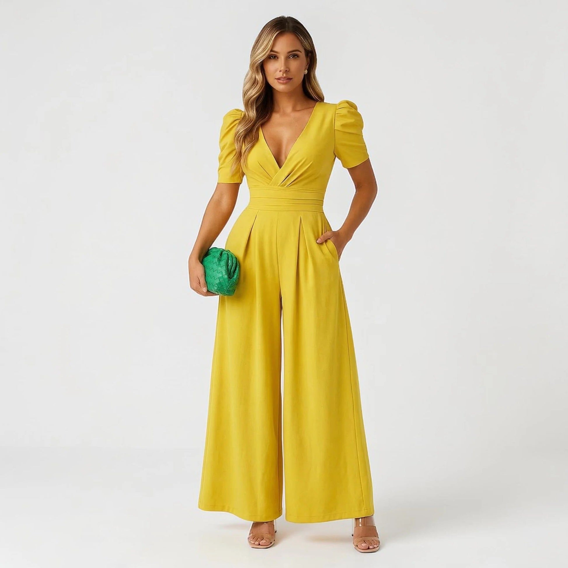 Wide Leg Puff Sleeve Jumpsuit for Women - Yellow