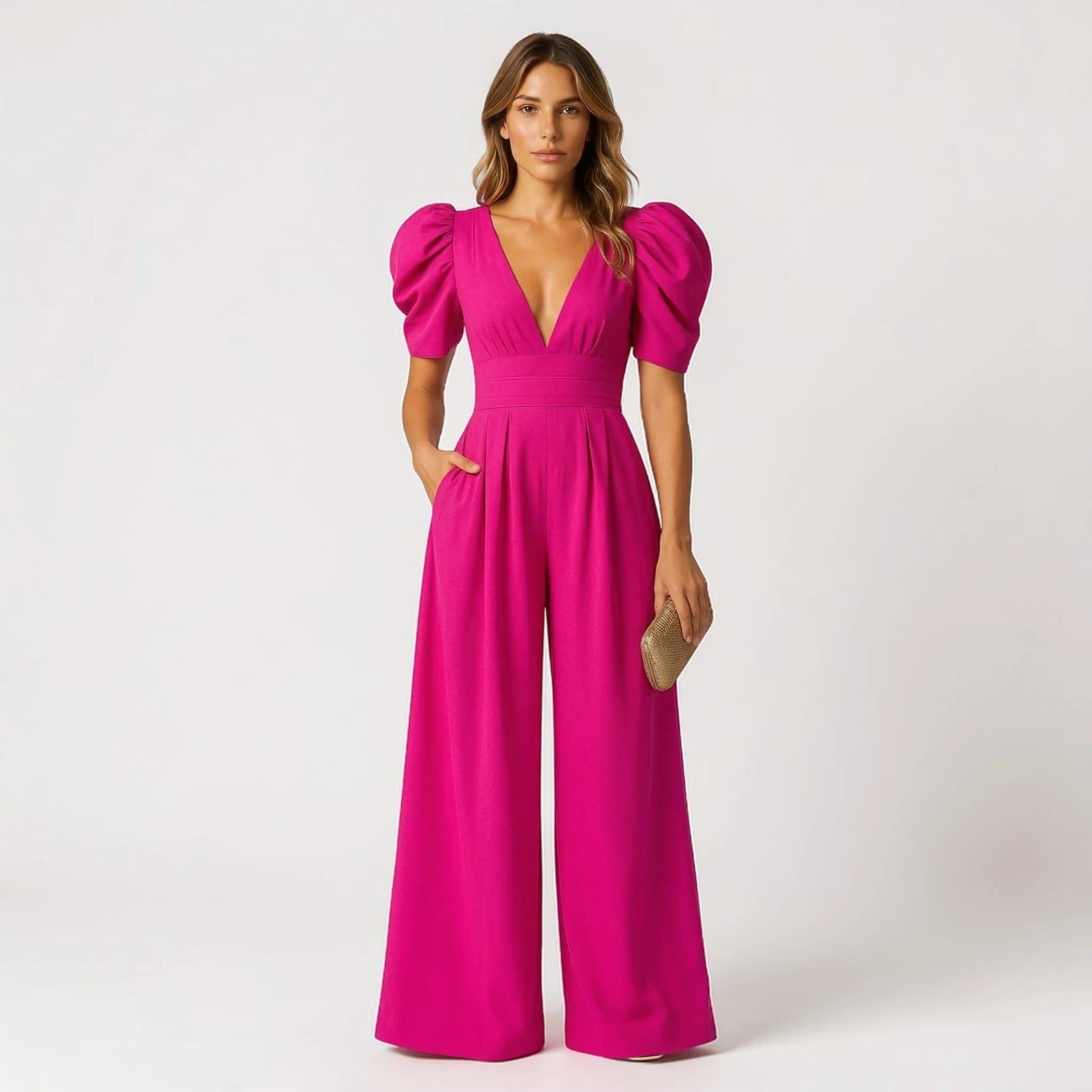 Wide Leg Puff Sleeve Jumpsuit for Women - Pink