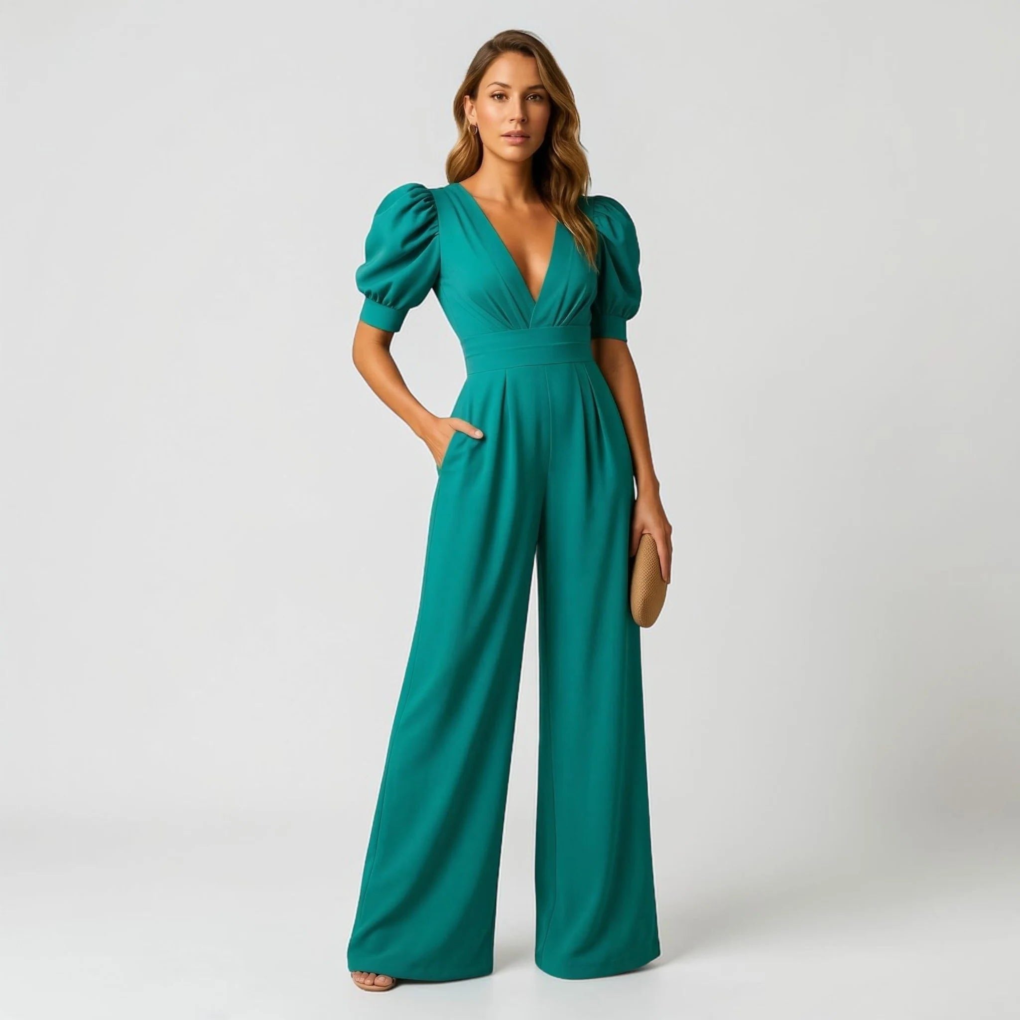 Wide Leg Puff Sleeve Jumpsuit for Women - Green