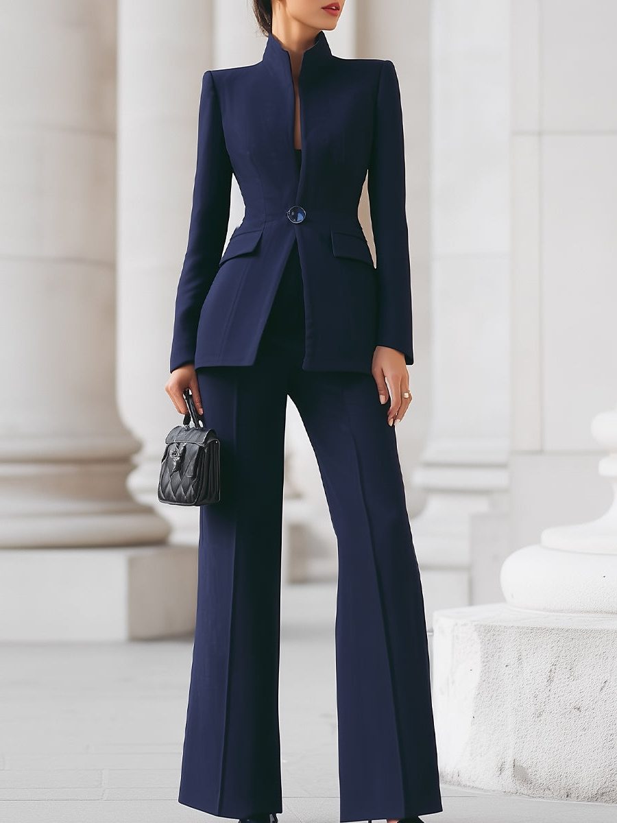 Wide Leg Stand Collar Blazer Suit Set for Women