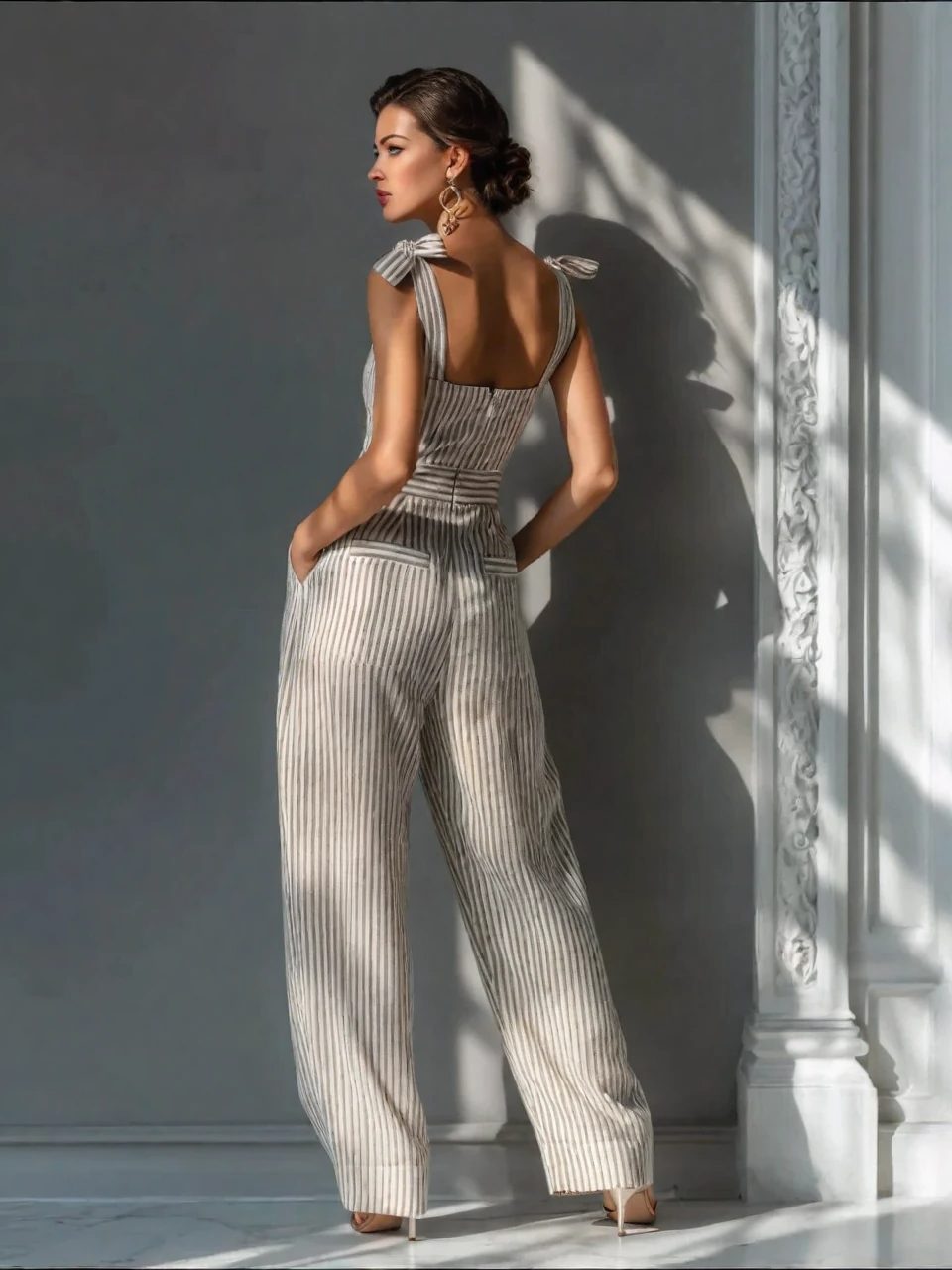 Wide Leg Tie-Shoulder Linen Jumpsuit for Women - View 2