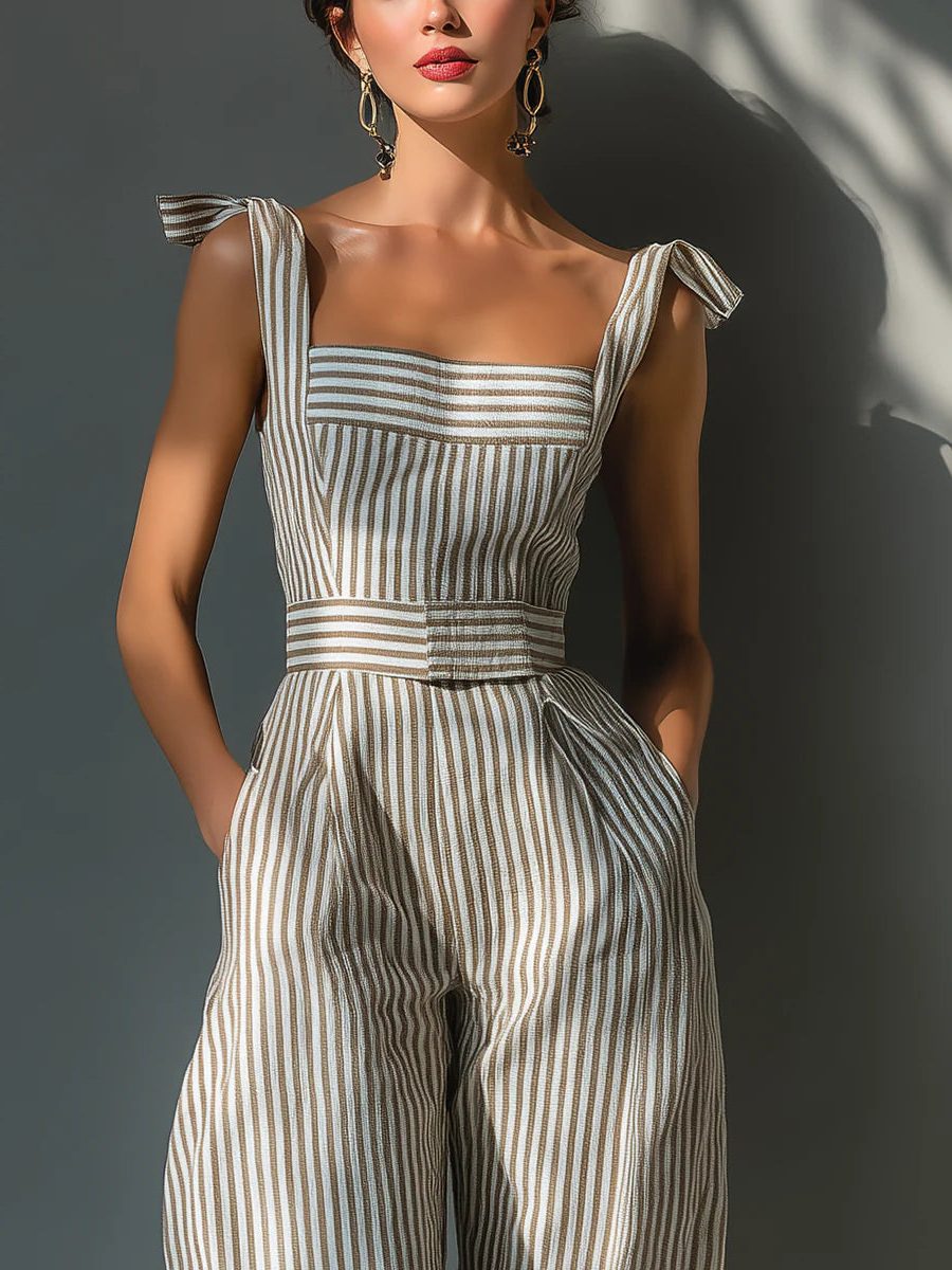Wide Leg Tie-Shoulder Linen Jumpsuit for Women - View 4