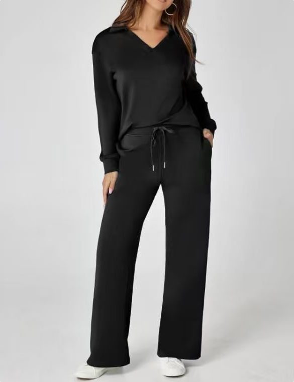 Wide Leg Zip-Neck Jogging Set for Women - Black