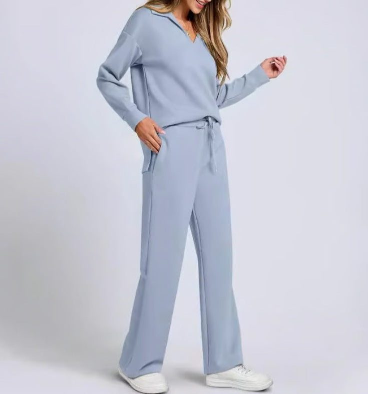 Wide Leg Zip-Neck Jogging Set for Women - Light Blue