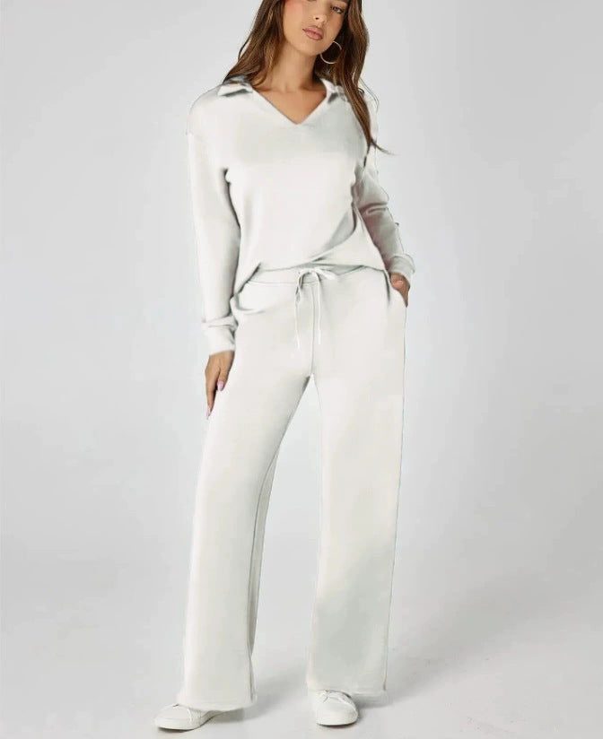 Wide Leg Zip-Neck Jogging Set for Women - White