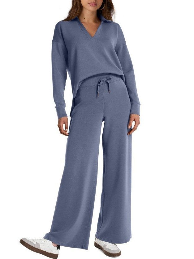 Wide Leg Zip-Neck Jogging Set for Women - Blue