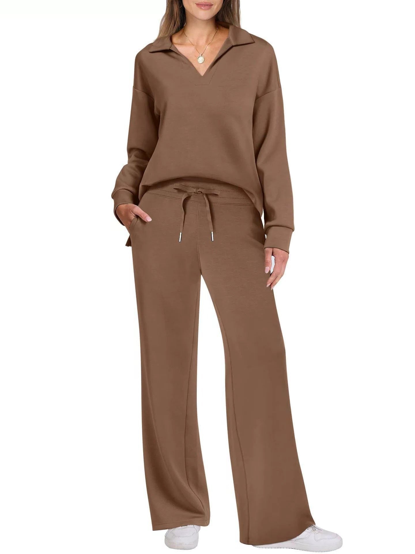 Wide Leg Zip-Neck Jogging Set for Women - Dark Brown