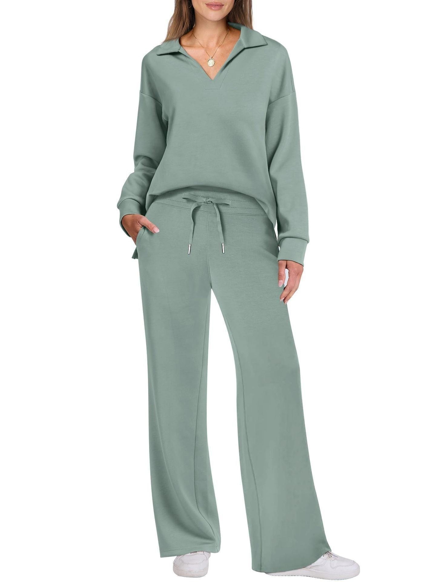 Wide Leg Zip-Neck Jogging Set for Women - Light Green