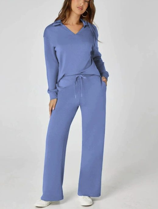 Wide Leg Zip-Neck Jogging Set for Women - Royal Blue