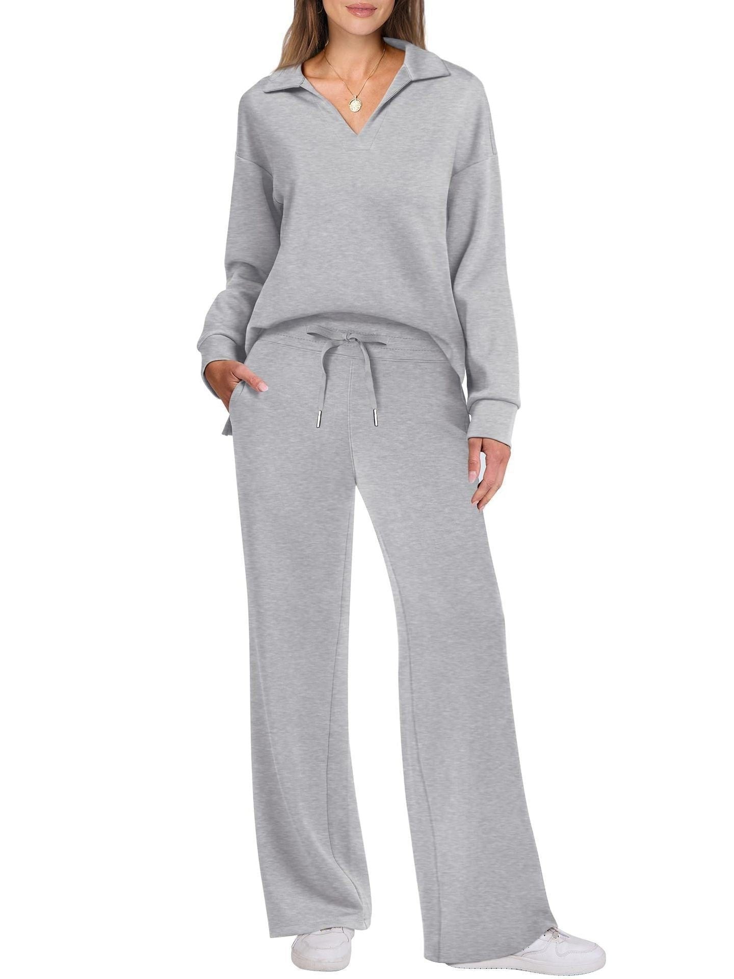 Wide Leg Zip-Neck Jogging Set for Women - Silver