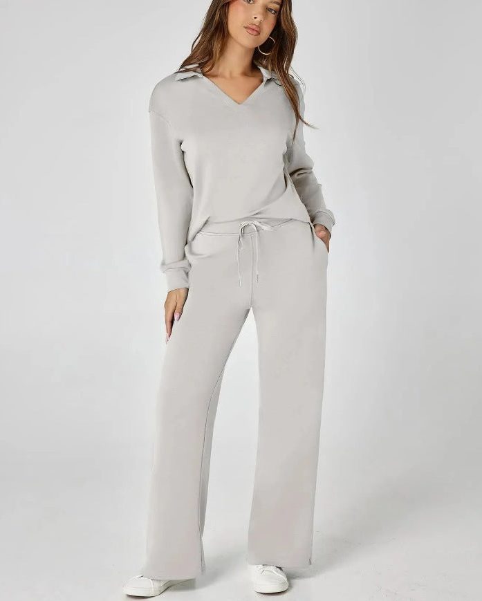 Wide Leg Zip-Neck Jogging Set for Women - Light Grey