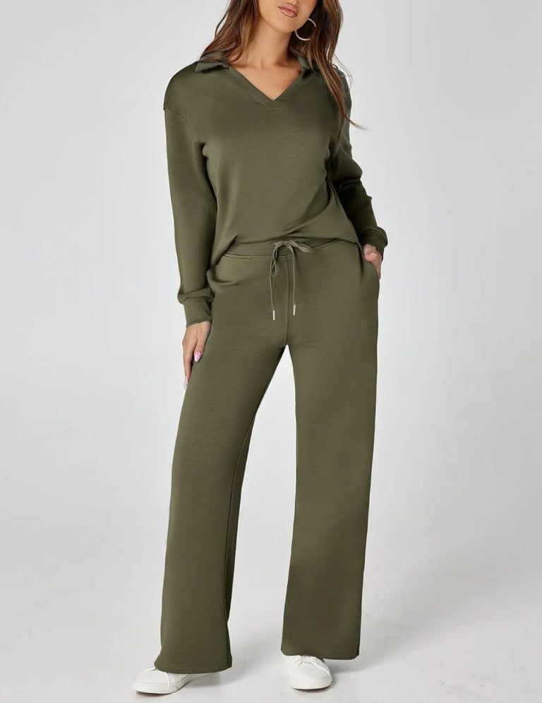 Wide Leg Zip-Neck Jogging Set for Women - Army Green