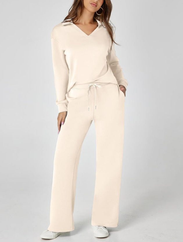 Wide Leg Zip-Neck Jogging Set for Women - Apricot